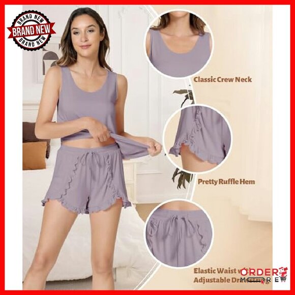 Sleeveless Viscose Bamboo Pajama Set, Tank Top & Shorts, Cooling Sleepwear - Picture 4 of 8